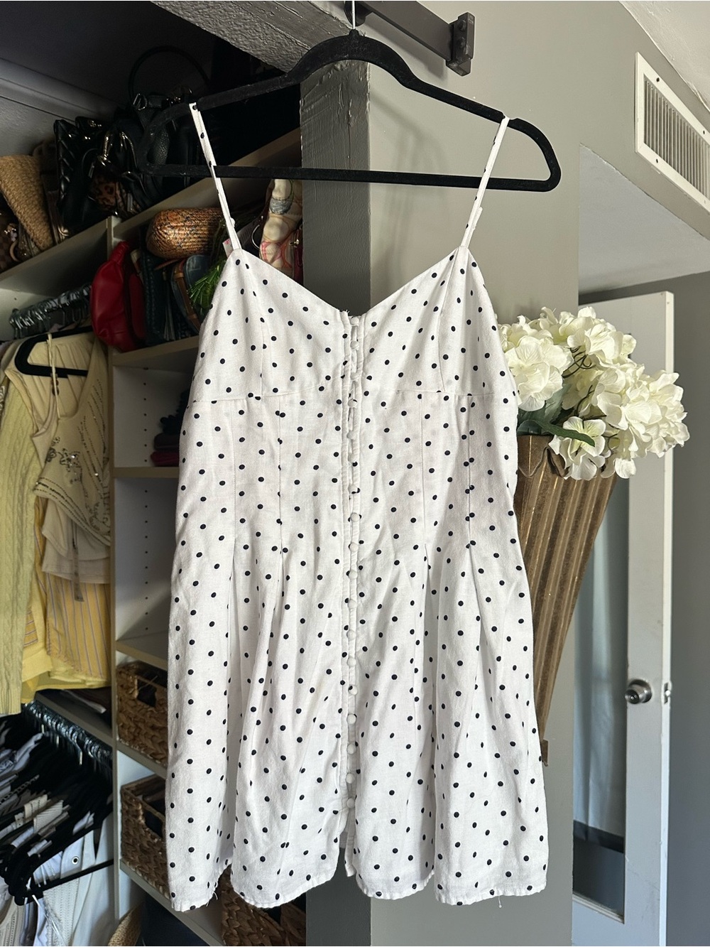 American Eagle Outfitters White Mini Dress with navy Polka Dots